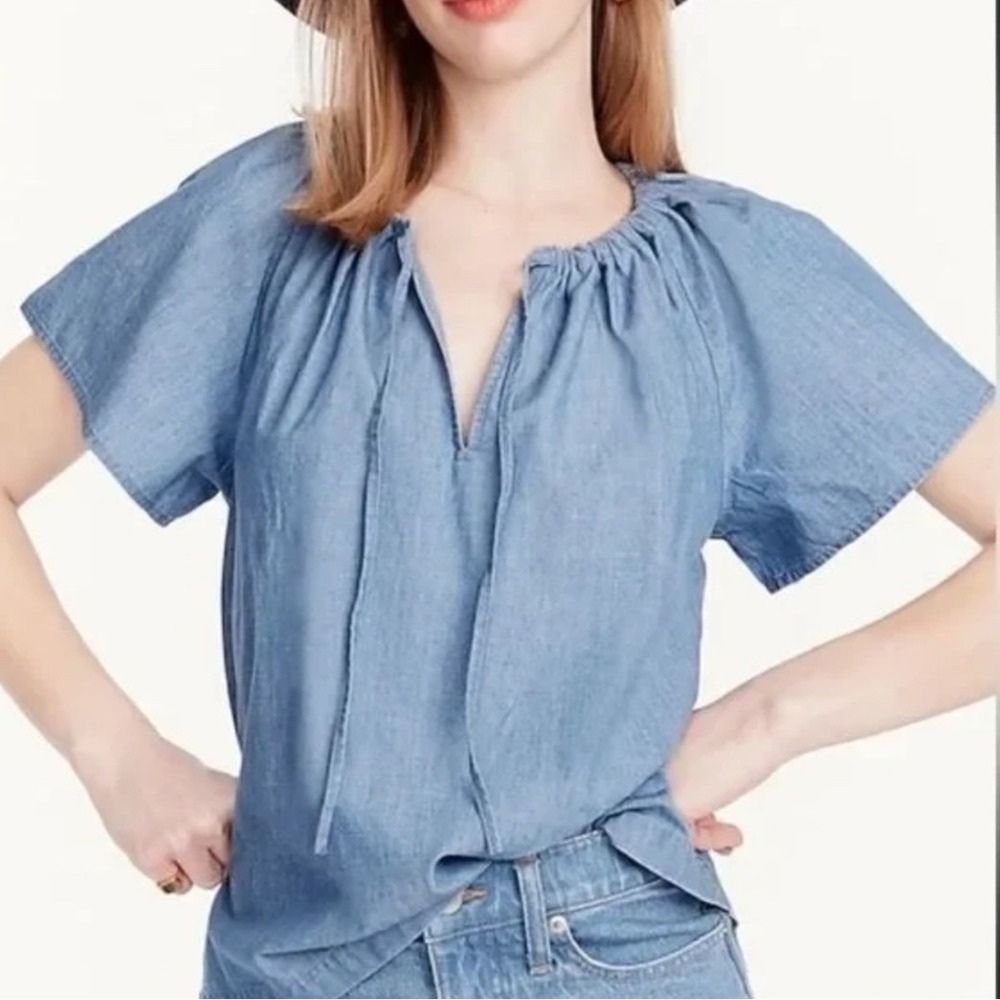 J.Crew Women's Blue Chambray Tie Neck Peasant Blouse Top Cottagecore Size Medium